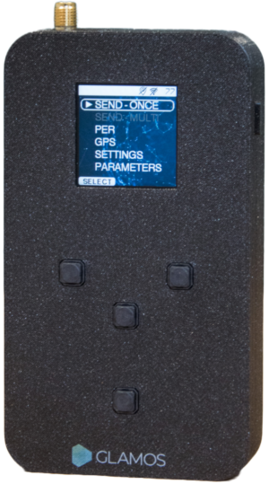 Professionell LoRaWAN signalmätning optimering med Glamos Field Tester visar SNR RSSI värden på display