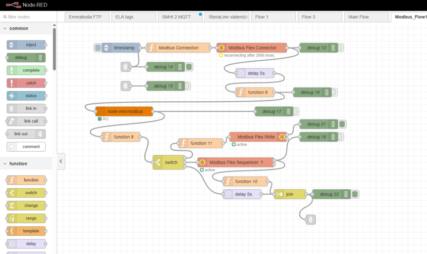 Node-RED flödesdiagram som visar visuell IoT automation med sensorer och API-integration för intelligent databearbetning